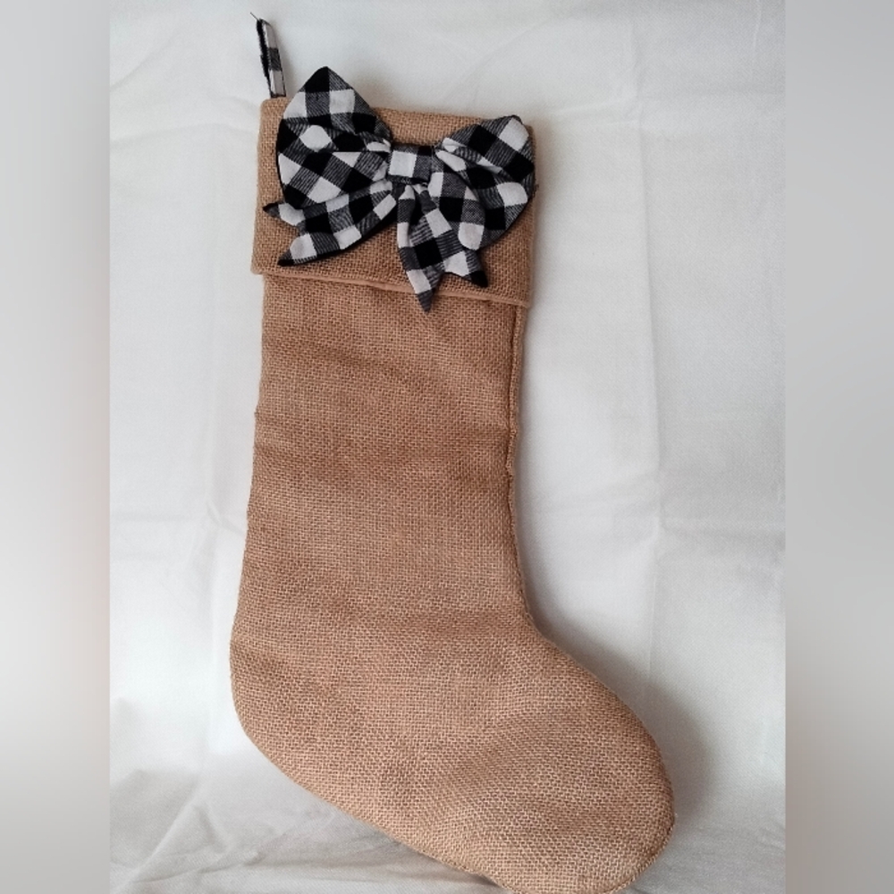Martha Stewart Burlap Christmas Stocking Black and White Plaid Bow